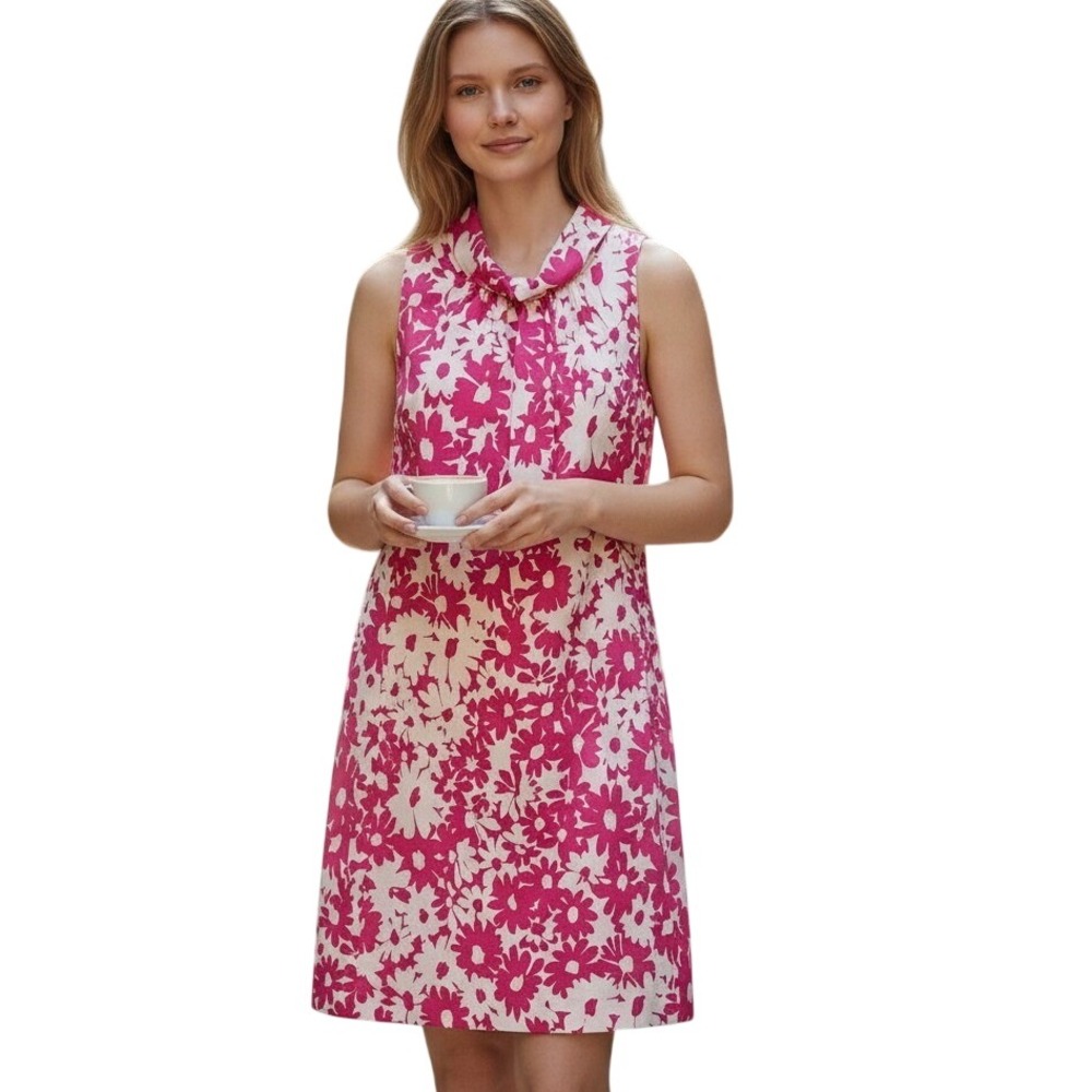 Talbots Pink White‎ Floral Mock Neck Sleeveless Shift Dress Pockets Size 14